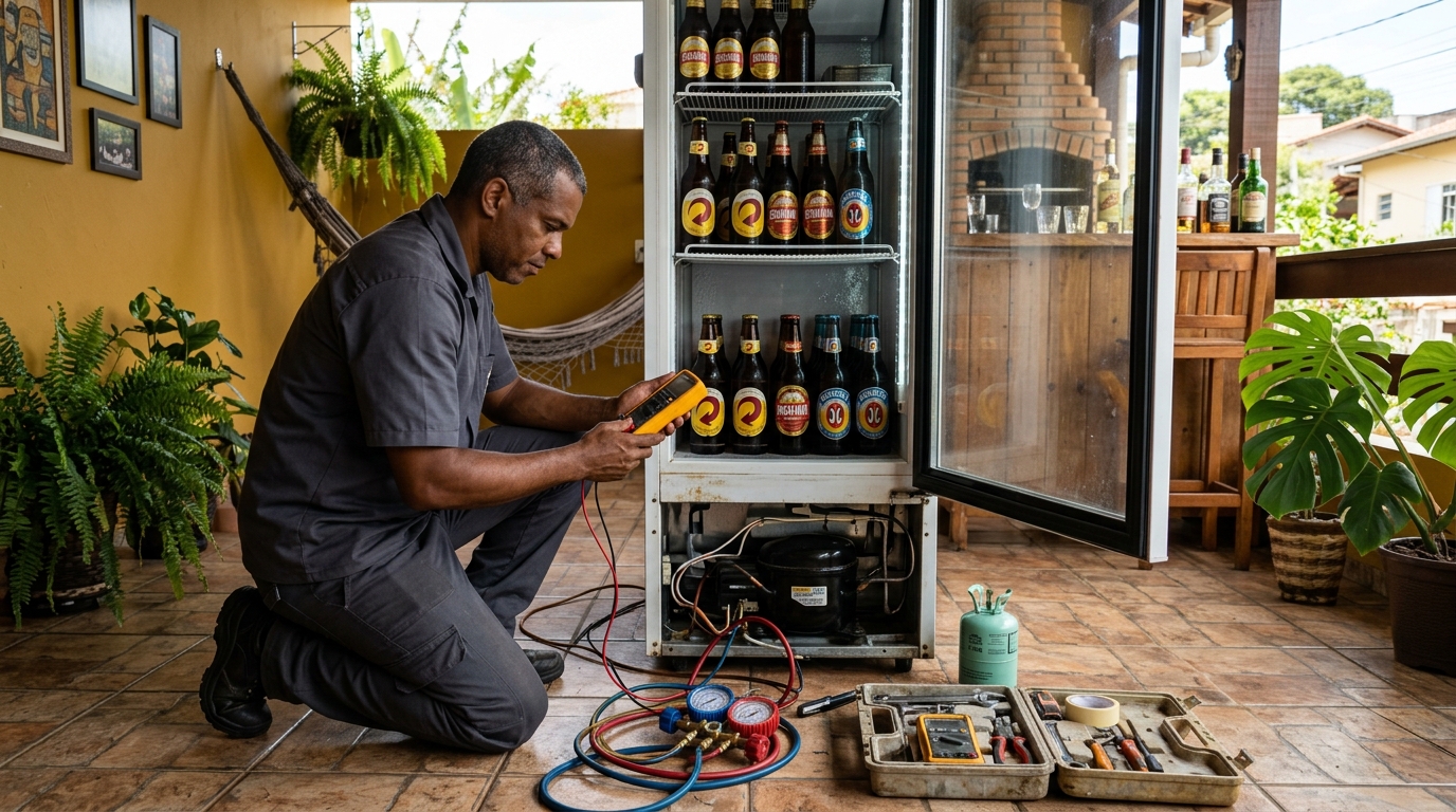 Placa eletrônica de cervejeira em reparo na bancada em Cabo Frio‑RJ