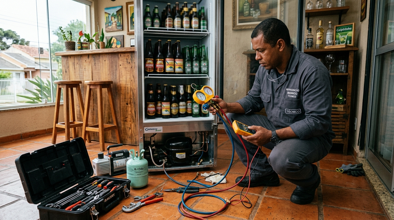 Técnico revisando o motor de uma cervejeira durante chamado em Cabo Frio‑RJ