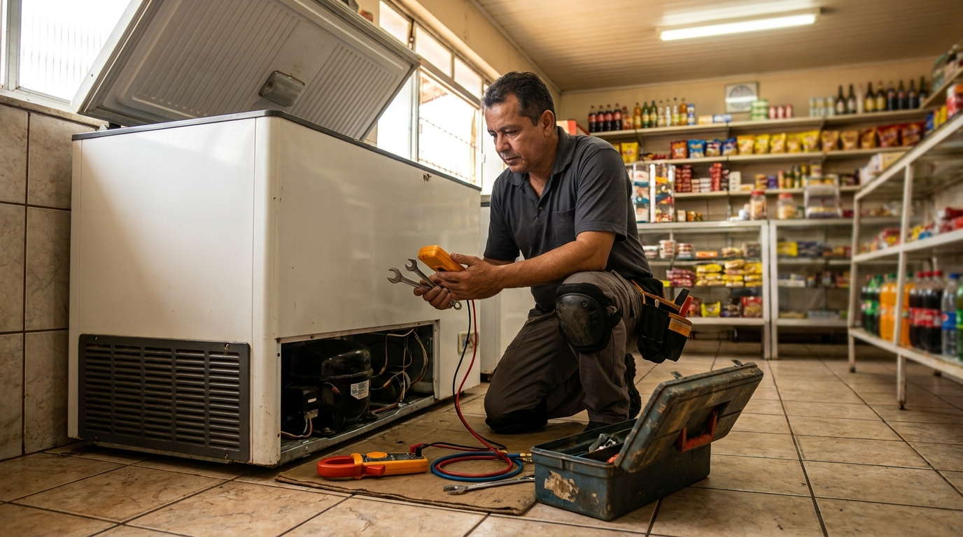 Técnico avaliando um freezer vertical durante atendimento em Cabo Frio‑RJ
